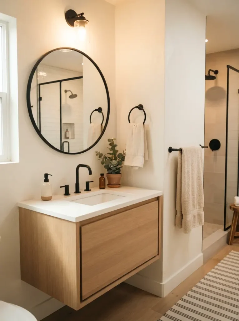 ![Matte black hardware installed throughout a bathroom, coordinated faucet and towel bar set, warm bathroom lighting, vertical Pinterest photography, warm matte-black-hardware styling.]
