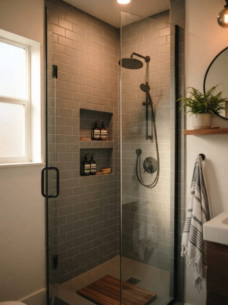 Matte grey subway tile installed in a small bathroom shower, understated modern backdrop, warm bathroom lighting, vertical Pinterest photography, warm matte-grey-tile styling.