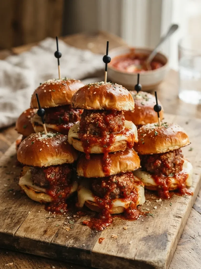 ![Miniature meatball sliders on glossy brioche buns, with rich, dark red marinara sauce dripping heavily down the sides like blood, skewered with black toothpicks, vertical Pinterest photography, messy savory slider styling.]