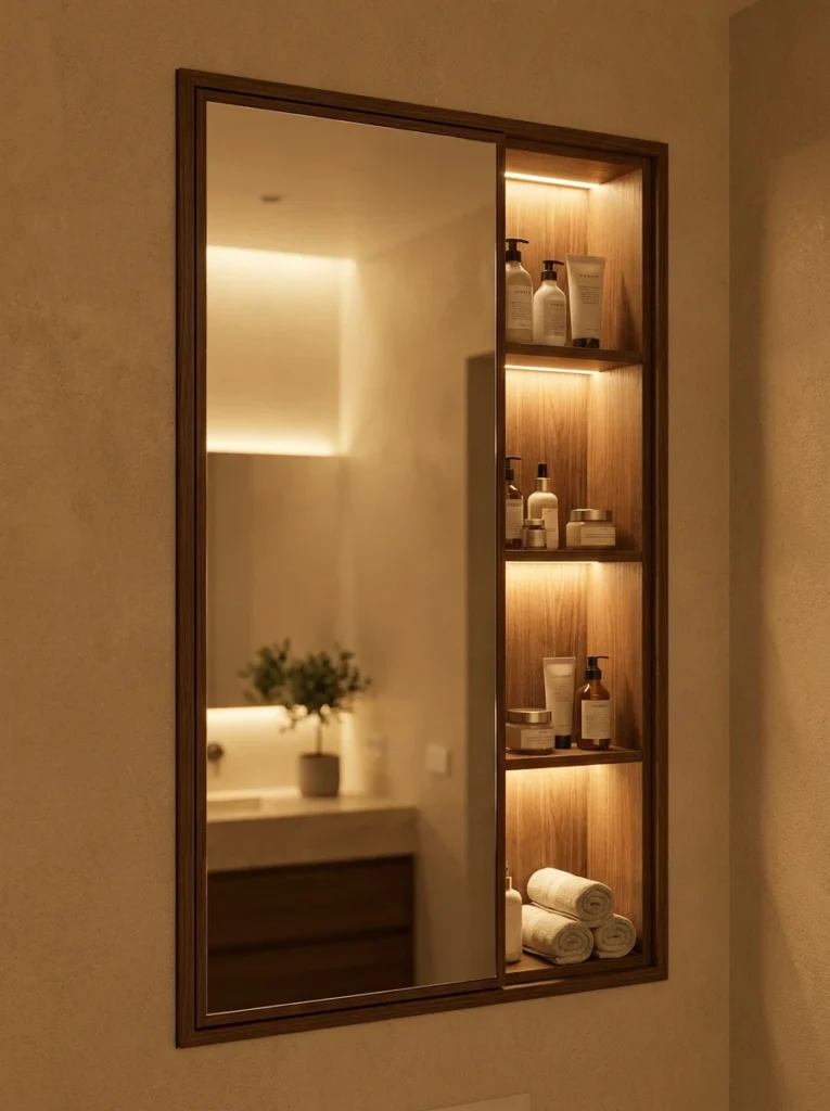 A recessed medicine cabinet built into a bathroom wall, mirrored front doubling as both storage and mirror, warm bathroom lighting, vertical Pinterest photography, warm recessed-cabinet styling.