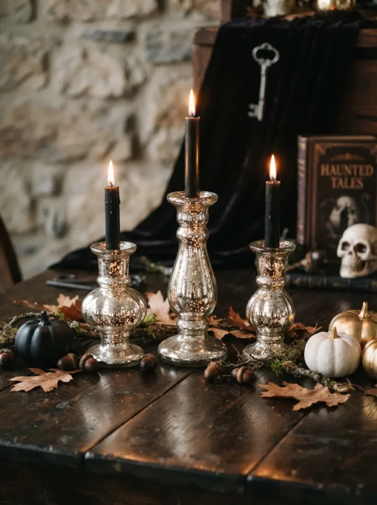 ![Mercury-glass candle holders with black taper candles on a dark wooden table, soft reflective light, vertical Pinterest photography, mercury-glass-halloween styling.]