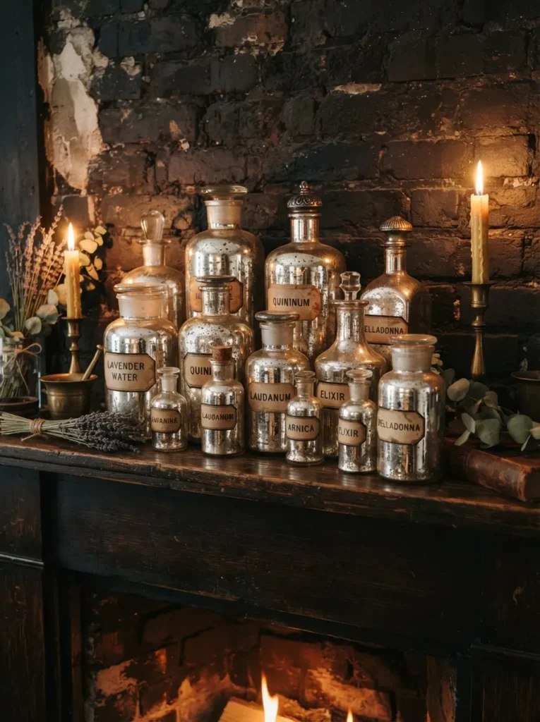 ![A clustered collection of antique mercury glass apothecary bottles of varying sizes on a dark mantel, catching the reflection of nearby candlelight, warm evening glow, vertical Pinterest photography, vintage apothecary styling.]