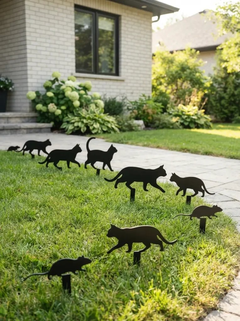 ![Crisp black metal silhouette yard stakes of creeping cats and rats pushed into a front lawn, sharp modern outlines, crisp afternoon sunlight, vertical Pinterest photography, minimalist silhouette yard art styling.]