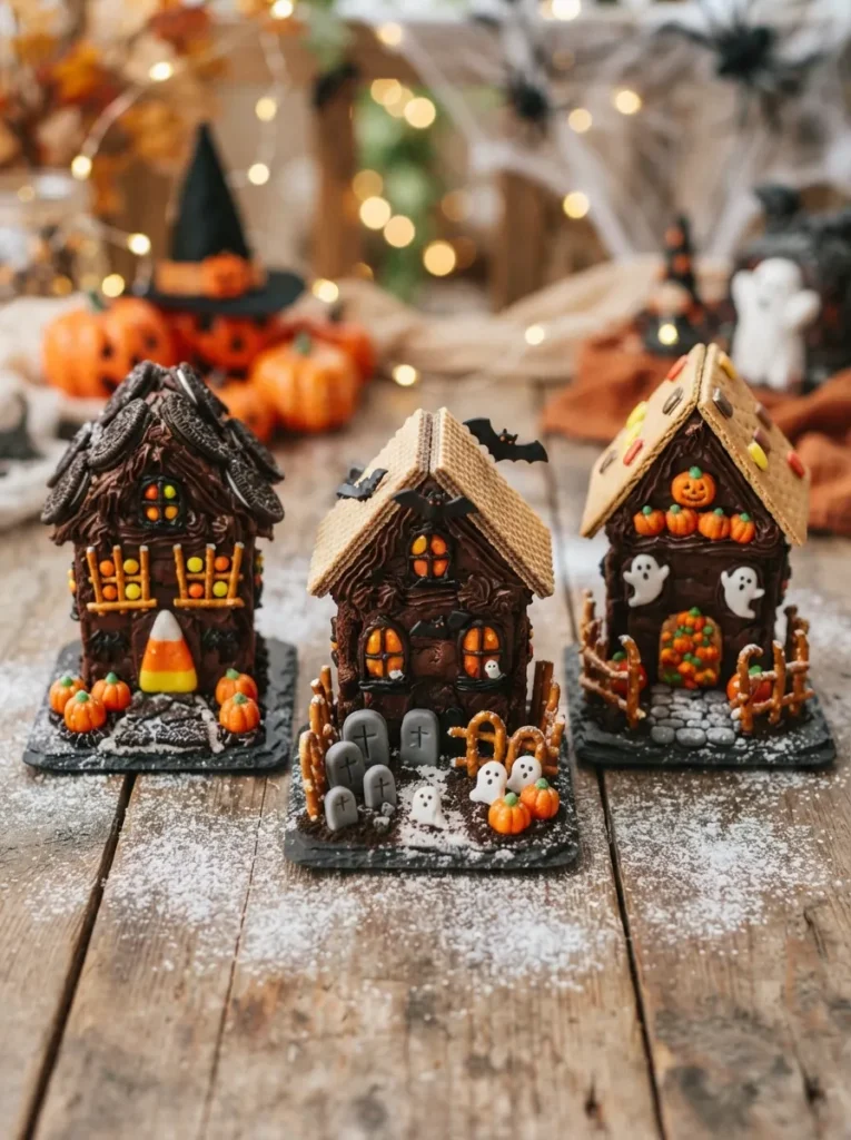 ![Miniature Halloween haunted-house cakes made with chocolate brownies, cookie roofs, candy windows, dark frosting, powdered sugar fog, and candy pumpkins, vertical Pinterest photography.]