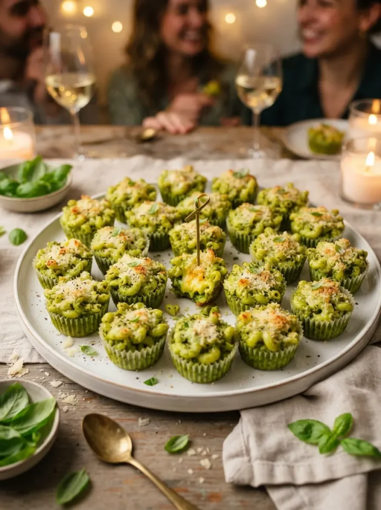 ![Miniature baked macaroni and cheese cups tinted vibrant green with basil pesto, looking beautifully toxic, resting on a white platter, warm party lighting, vertical Pinterest photography, clever savory bite styling.]