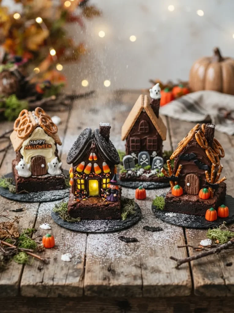 ![Miniature Halloween haunted-house cakes made with chocolate brownies, cookie roofs, candy windows, dark frosting, powdered sugar fog, and candy pumpkins, vertical Pinterest photography.]