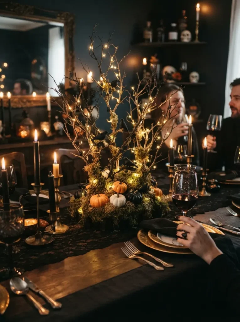 ![A miniature haunted forest Halloween centerpiece with bare branches, preserved moss, tiny black birds, miniature pumpkins, and warm fairy lights, dramatic dinner party setting, vertical Pinterest photography.]