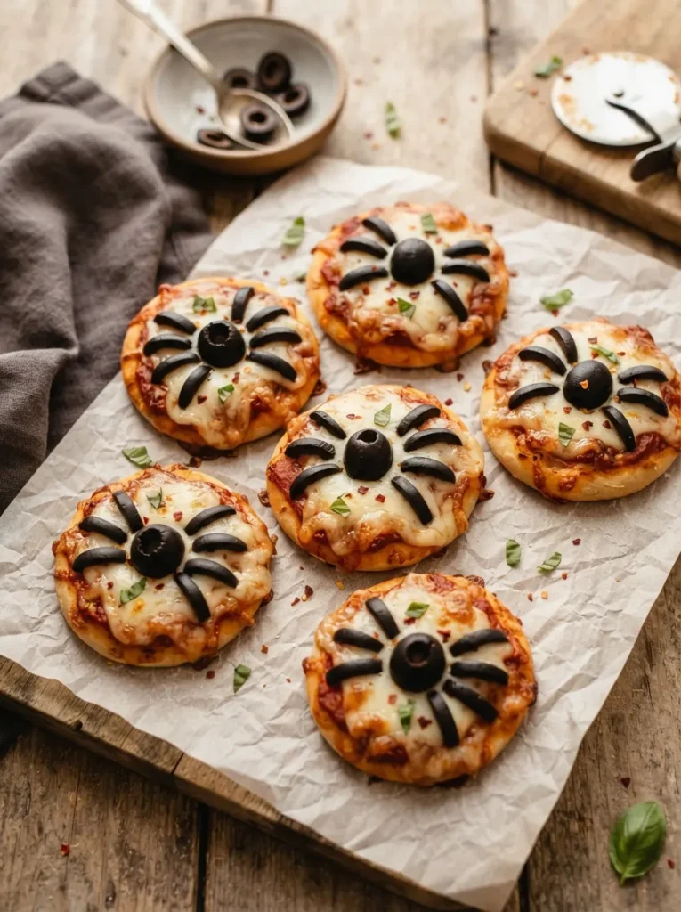 ![Miniature round pizzas topped with melted cheese and black olive slices arranged to look like tiny spiders, resting on parchment paper, warm lighting, vertical Pinterest photography, playful pizza bite styling.]