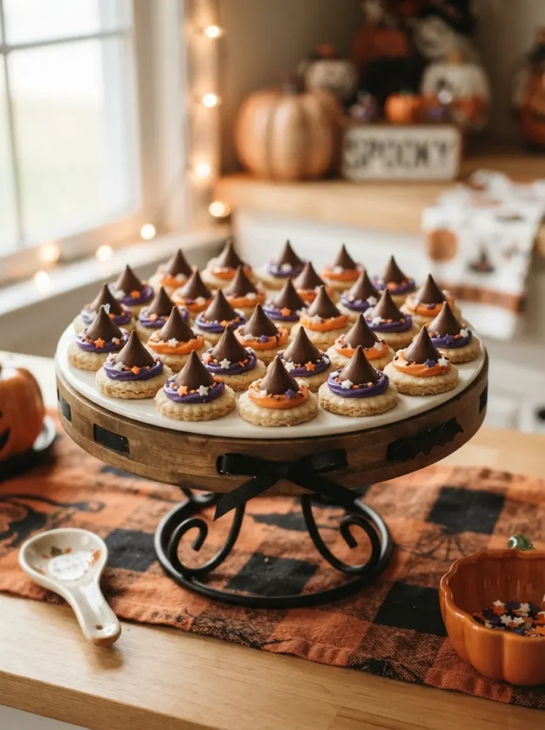 ![Miniature Halloween witch hat cookies made with round cookies, chocolate kisses, purple and orange icing bands, arranged on a cake stand, vertical Pinterest photography.]