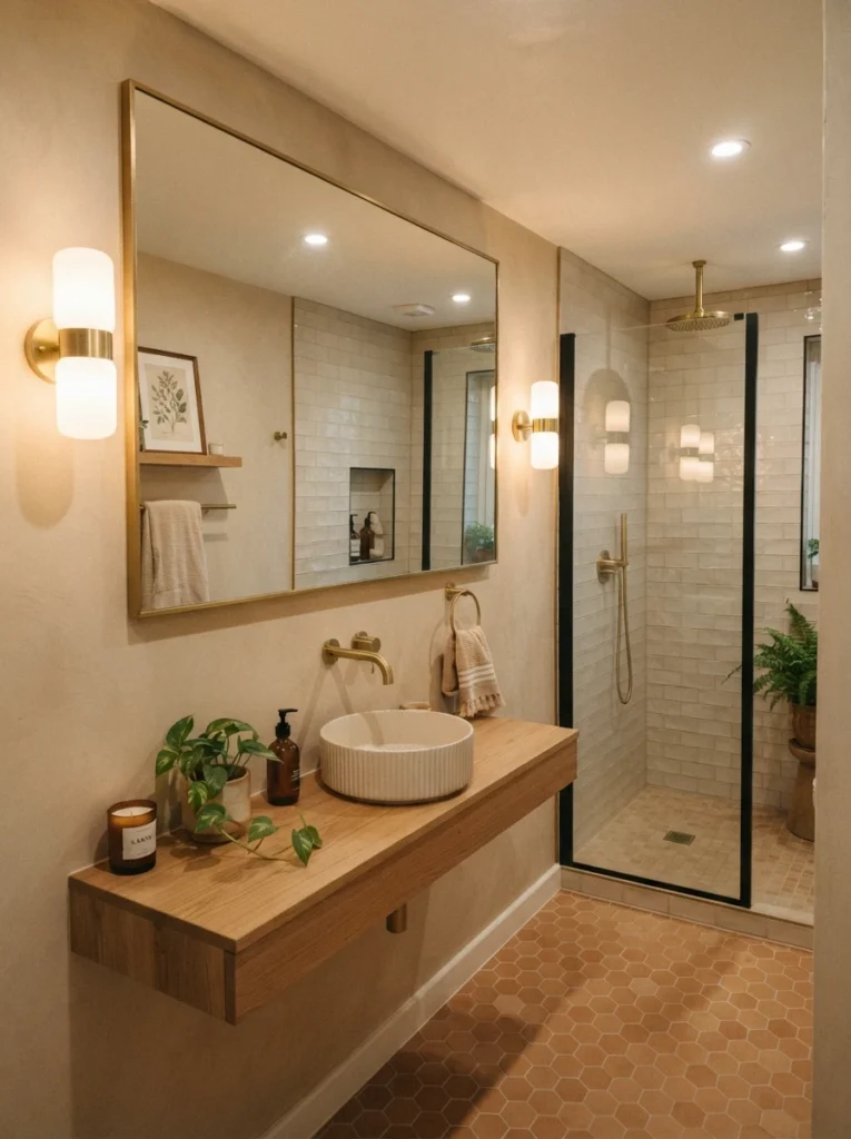 ![A full-width mirror above a narrow bathroom vanity, reflecting the room and adding a sense of depth, warm bathroom lighting, vertical Pinterest photography, warm full-width-mirror styling.]
