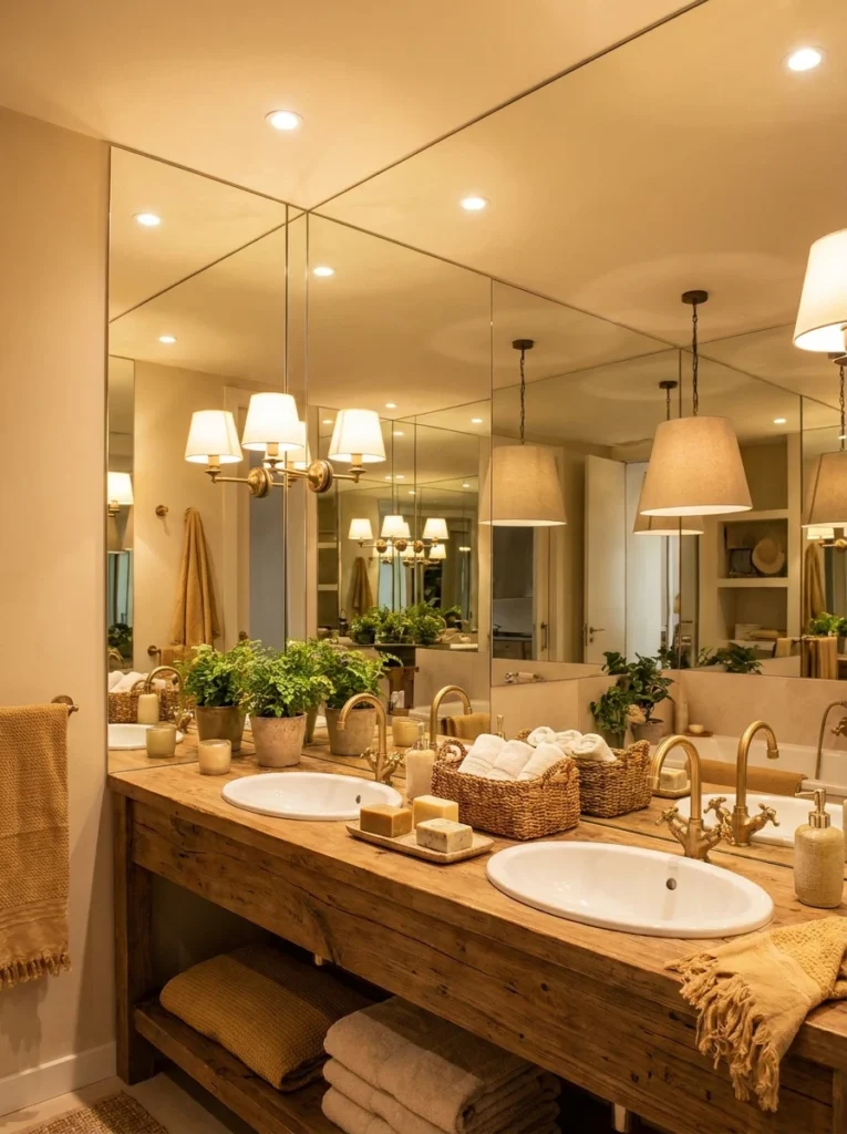 A wall-to-wall mirror above a bathroom vanity, reflecting light and doubling the visual space, warm bathroom lighting, vertical Pinterest photography, warm expansive styling.