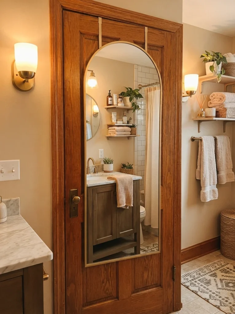 A full-length mirror hung over a bathroom door, providing reflection without touching the wall, warm bathroom lighting, vertical Pinterest photography, warm door-mirror styling.