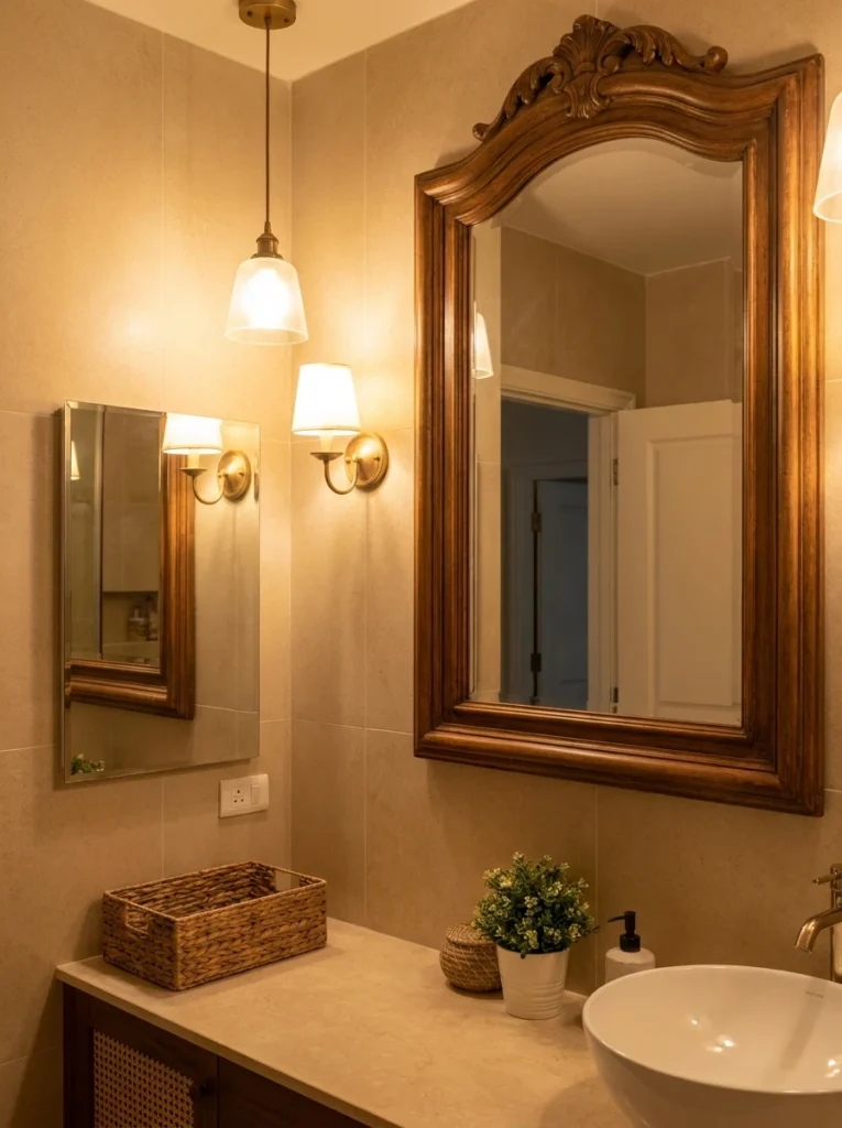 A larger, well-framed mirror hung over a rental bathroom's original builder-grade mirror, warm bathroom lighting, vertical Pinterest photography, warm mirror-layer styling.