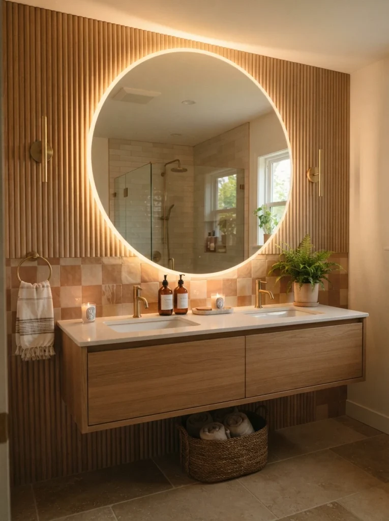 An oversized backlit mirror installed above a bathroom vanity, dramatically improving the room's lighting and scale, warm bathroom lighting, vertical Pinterest photography, warm mirror-upgrade styling.