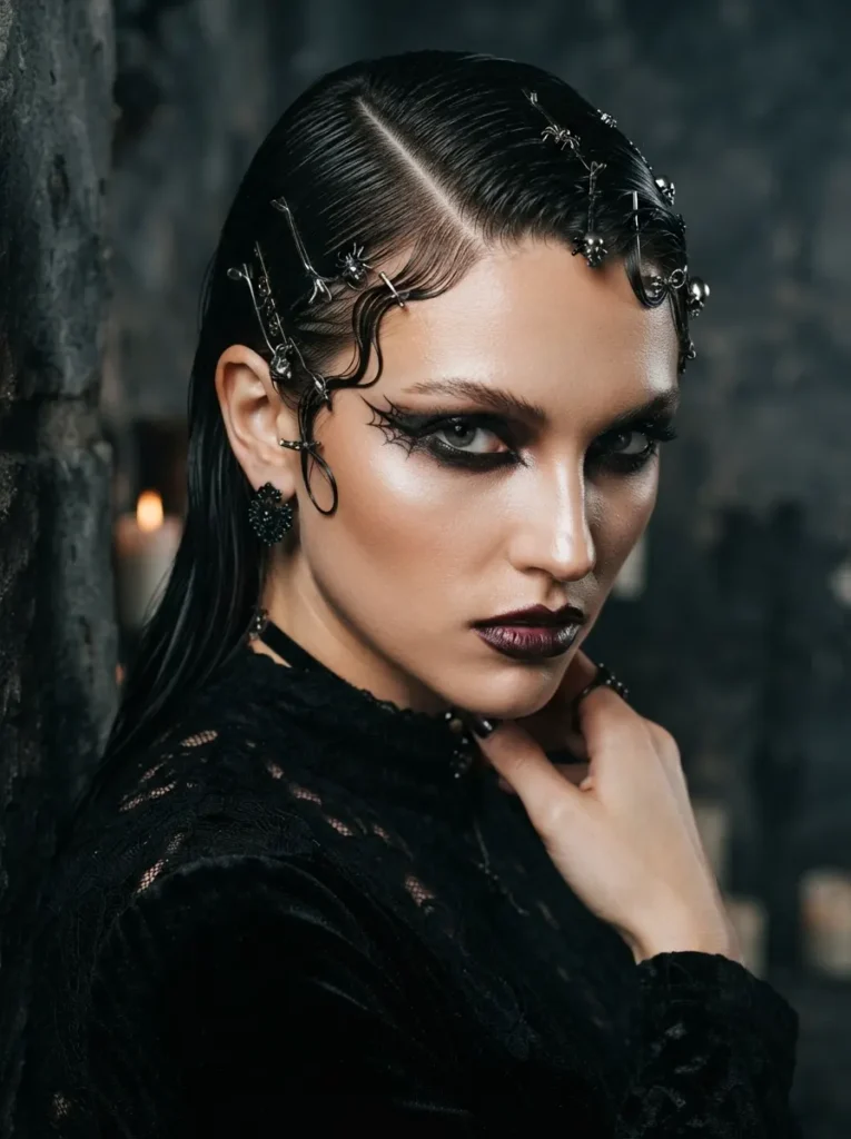 Modern Halloween wet-look hairstyle with slicked-back dark hair, sculpted side part, metallic hairpins, dramatic makeup, high-fashion spooky beauty styling, vertical Pinterest photography.