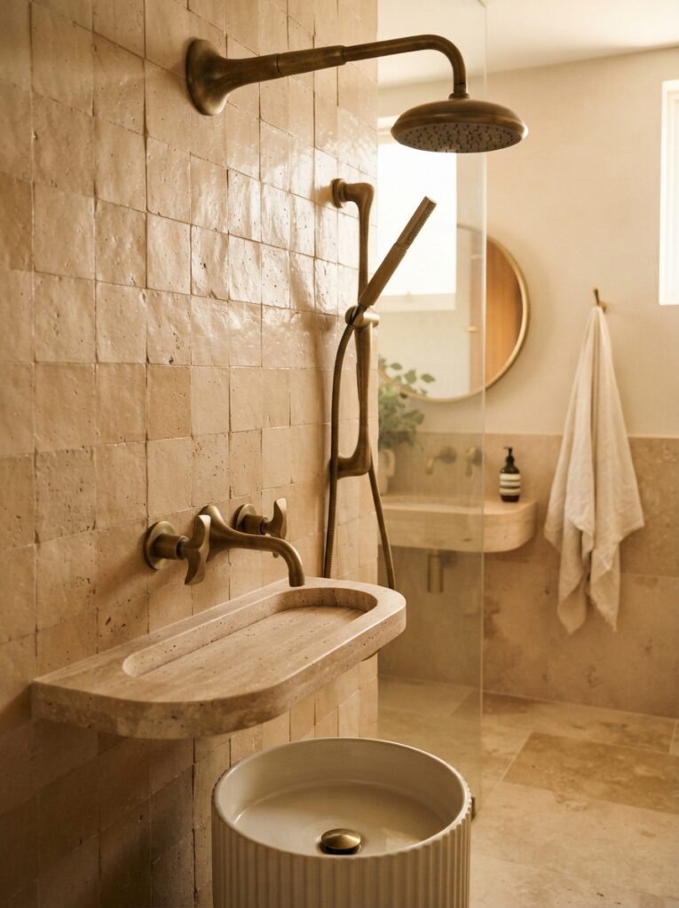 ![Sculptural statement fixtures in a modern bathroom, faucet and showerhead treated as designed objects, warm bathroom lighting, vertical Pinterest photography, warm sculptural-fixture styling.]