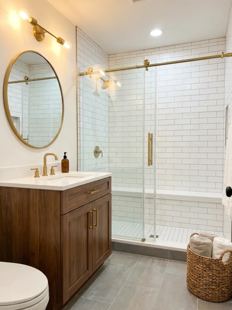 A modern bathroom with matte black hardware repeated consistently across the shower door, mirror frame, and cabinet pulls, warm bathroom lighting, vertical Pinterest photography, warm cohesive-finish styling.