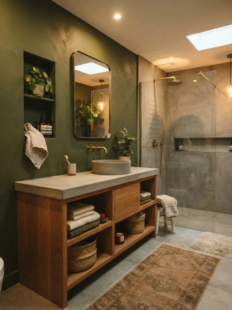 Olive green paired with gray concrete and warm wood in a modern bathroom, earthy contemporary vibe, warm bathroom lighting, vertical Pinterest photography, warm olive-modern styling.