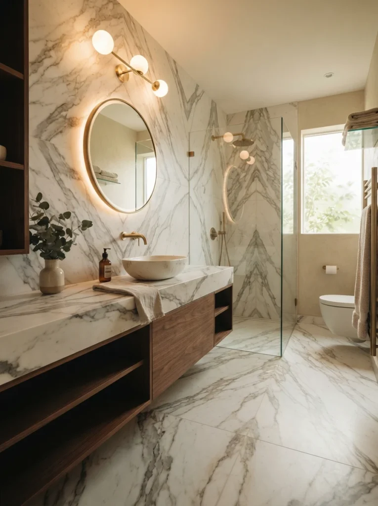 A modern bathroom with continuous book-matched stone running from the countertop into the flooring, warm bathroom lighting, vertical Pinterest photography, warm continuous-stone styling.