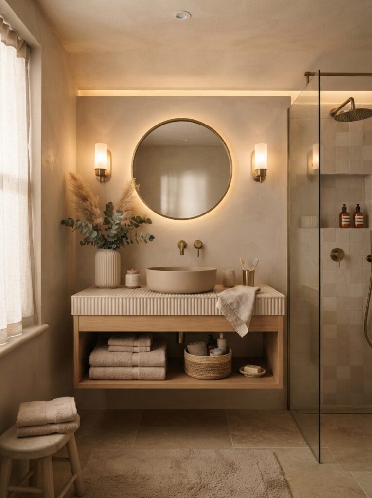 ![A modern bathroom in warm tonal neutrals, soft greige and beige replacing stark white, warm bathroom lighting, vertical Pinterest photography, warm tonal-neutral styling.]