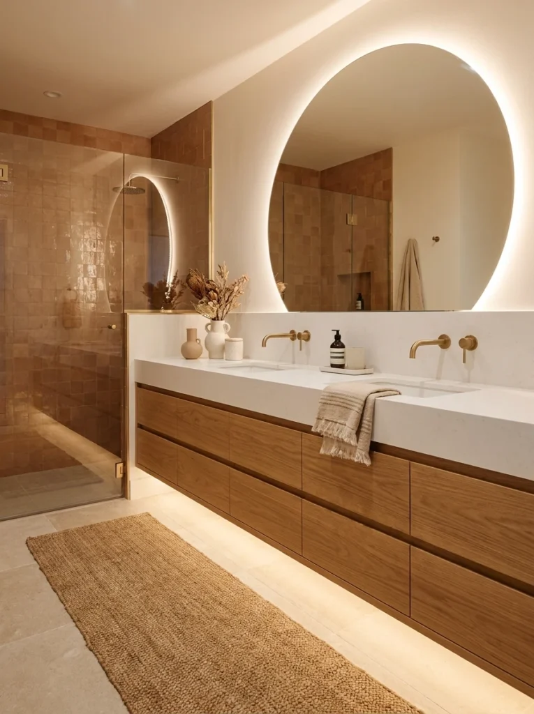 A floating vanity with clean architectural lines in a modern bathroom, floor space visible beneath, warm bathroom lighting, vertical Pinterest photography, warm floating-vanity styling.