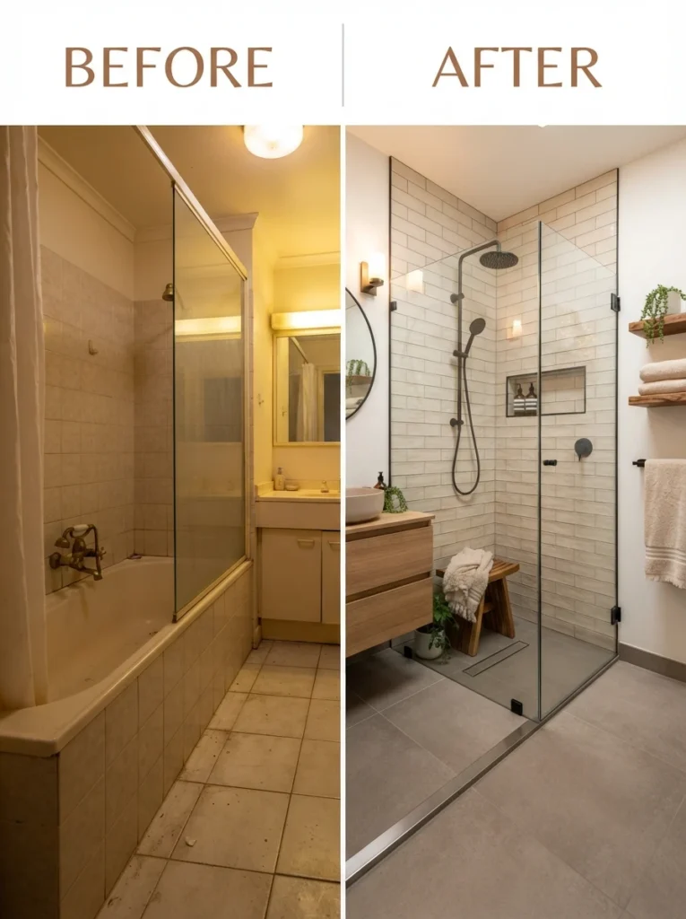 A modern curbless walk-in shower with a linear drain, replacing a dated cream bathtub, warm bathroom lighting, vertical Pinterest photography, warm before-after styling.