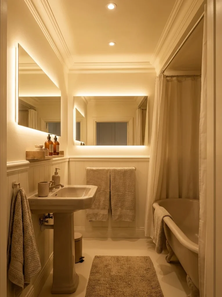 A small bathroom painted entirely in one light, cohesive color across walls, trim, and ceiling, warm bathroom lighting, vertical Pinterest photography, warm monochromatic styling.