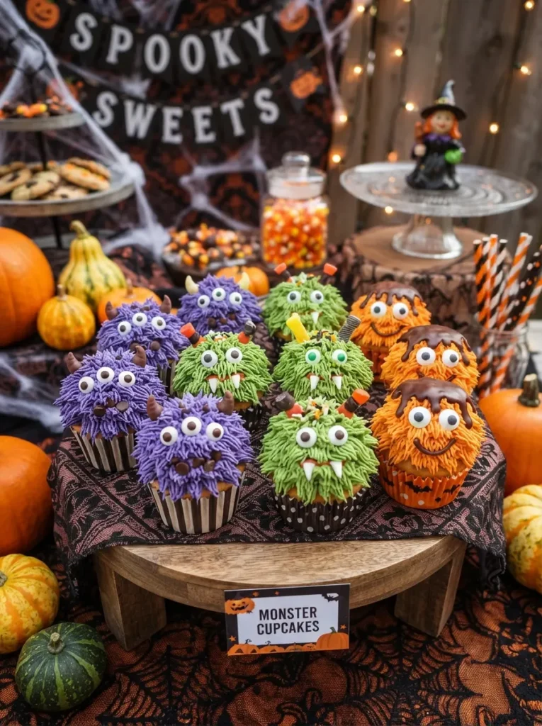 ![Colorful Halloween monster cupcakes with shaggy purple, green, and orange frosting, candy eyes, chocolate details, and playful expressions, festive dessert table, vertical Pinterest photography.]