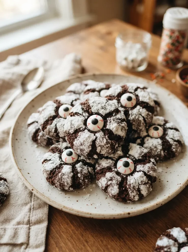 ![Dark, heavily powdered chocolate crinkle cookies with beautiful jagged fissures, each featuring a single large candy eyeball pressed into the center, vertical Pinterest photography, clever monster eye cookie styling.]