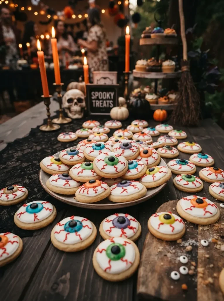 ![Halloween monster eyeball cookies with colorful irises, black candy pupils, red icing details, and soft baked cookie edges, arranged on a dark dessert table, vertical Pinterest photography.]