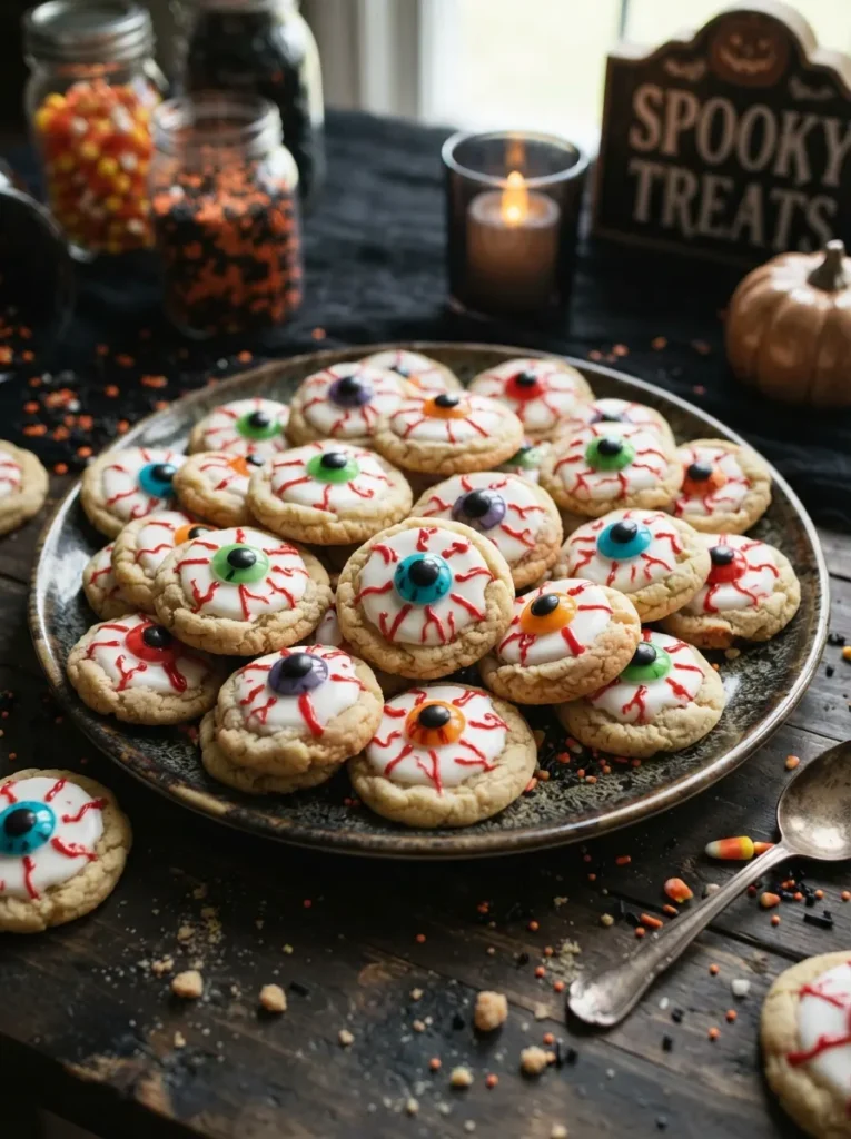 ![Chocolate-covered pretzel spiders with licorice legs and candy eyes, arranged on brownies and a Halloween dessert table with orange and purple accents, vertical Pinterest photography.]