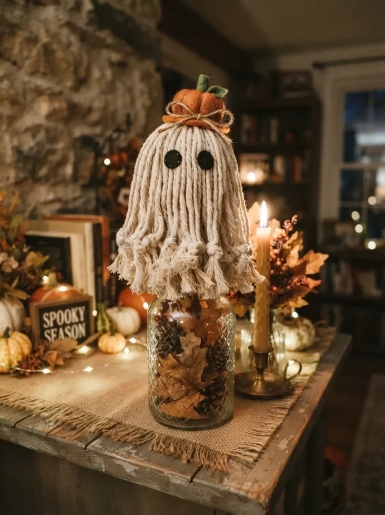 ![Mop-head ghost perched on a glass vase with black felt eyes and a small pumpkin hat, warm candlelight glow, vertical Pinterest photography, cute spooky-mop-ghost styling.]