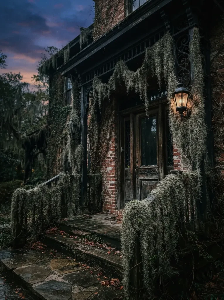 ![Thick drapery of faux Spanish moss hanging from black porch sconces and wooden railings, casting eerie shadows over a brick entrance, dim twilight lighting, vertical Pinterest photography, decaying southern gothic styling.]