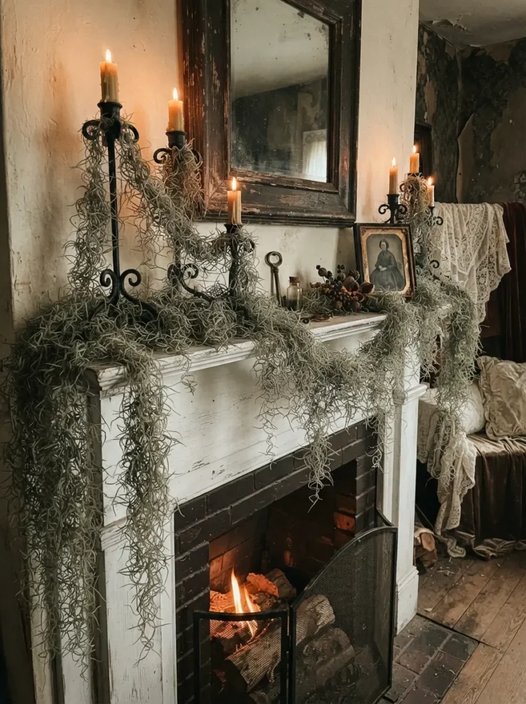![Soft gray-green faux Spanish moss tucked around black candlesticks and spilling over the edge of a white fireplace mantel, eerie and overgrown, warm ambient light, vertical Pinterest photography, decaying southern gothic styling.]