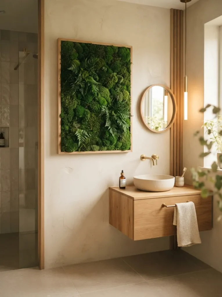 A preserved moss panel mounted on a Japandi bathroom wall, zero-maintenance natural texture, warm bathroom lighting, vertical Pinterest photography, warm moss-panel styling.