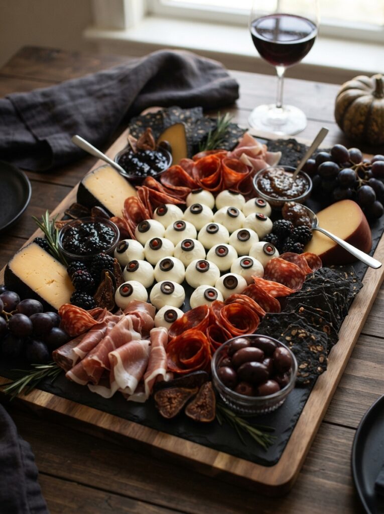 ![Clusters of fresh mozzarella pearls detailed with black olive slices to look like staring eyeballs, nestled amongst dark meats and cheeses on a charcuterie board, vertical Pinterest photography, savory eyeball styling.]
