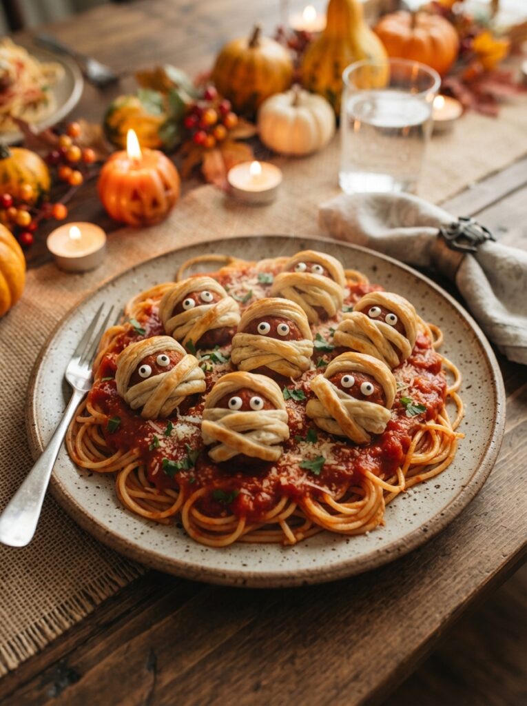 ![A family-friendly Halloween dinner featuring homemade mummy meatballs wrapped in thin golden pastry strips, each meatball decorated with tiny edible eyes, served over spaghetti with rich tomato marinara sauce on a rustic ceramic plate, small pumpkins and autumn leaves on the dining table, warm cozy candlelight, appetizing realistic food photography, festive Halloween atmosphere, vertical Pinterest composition, no text.]