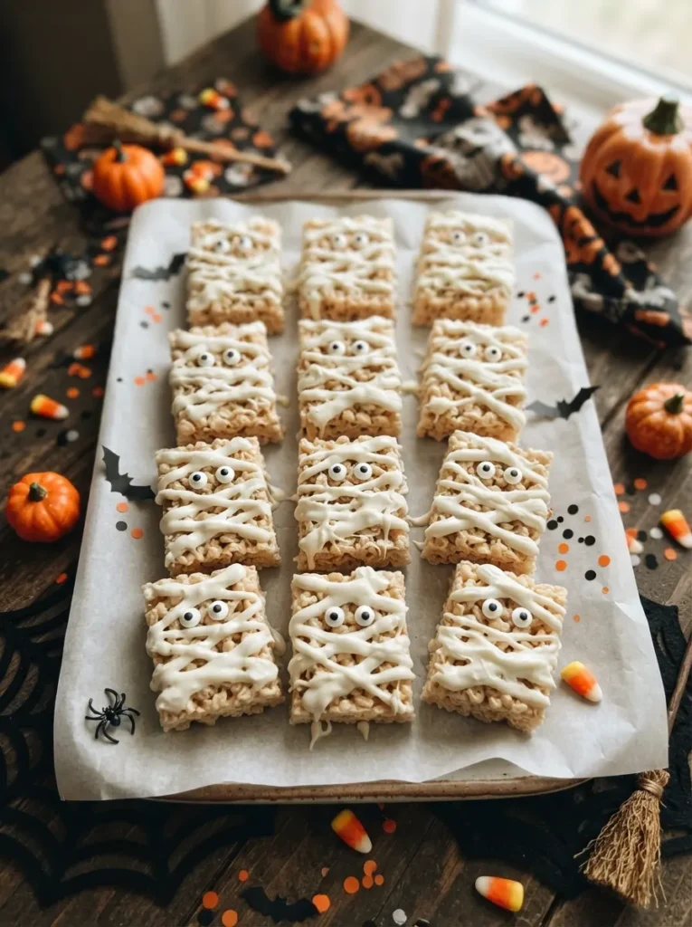 ![Halloween mummy rice cereal treats covered with white chocolate icing strips and candy eyes, arranged on parchment paper with black and orange decorations, vertical Pinterest photography.]