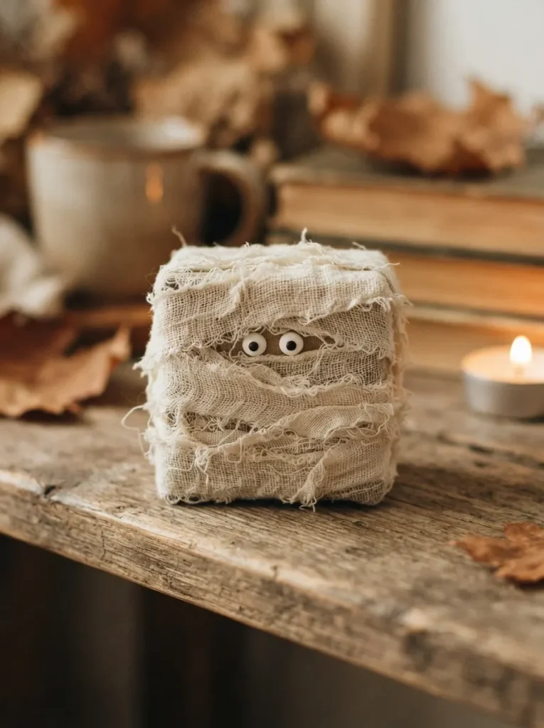 Small square boxes wrapped tightly in tattered, overlapping strips of raw white cotton fabric, with two tiny candy eyes peeking out from the layers, warm ambient lighting, vertical Pinterest photography, textural mummy wrap styling.