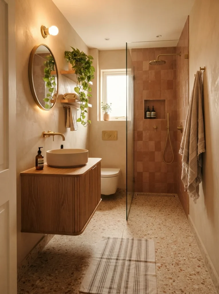 ![A narrow bathroom with a wet room layout, seamless flooring running from the entrance into the shower, warm bathroom lighting, vertical Pinterest photography, warm wet-room styling.]