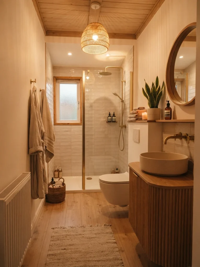 ![A narrow bathroom with fixtures lined along one wall, shower at the far end, warm bathroom lighting, vertical Pinterest photography, warm single-wall-layout styling.]