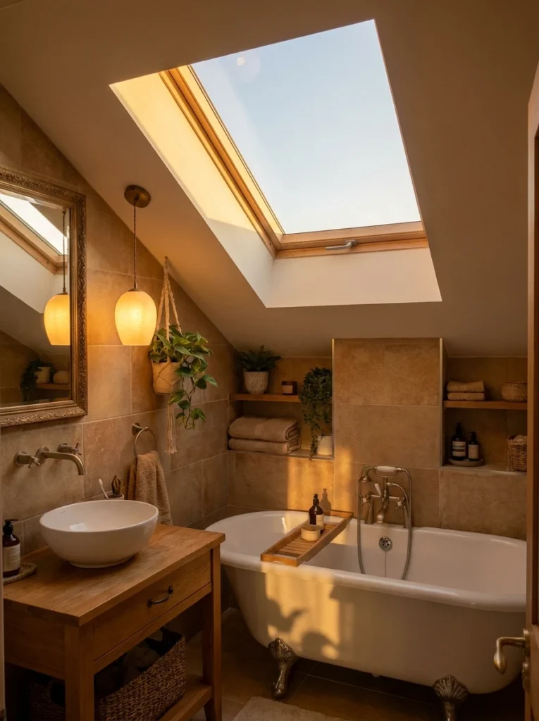 A skylight above a small bathroom, natural light flooding the space, warm bathroom lighting, vertical Pinterest photography, warm daylight styling.