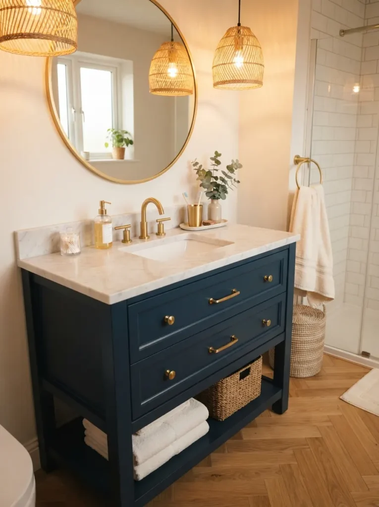 ![A navy blue vanity in a bathroom, paired with white countertops and gold accents, warm bathroom lighting, vertical Pinterest photography, warm navy-vanity styling.]