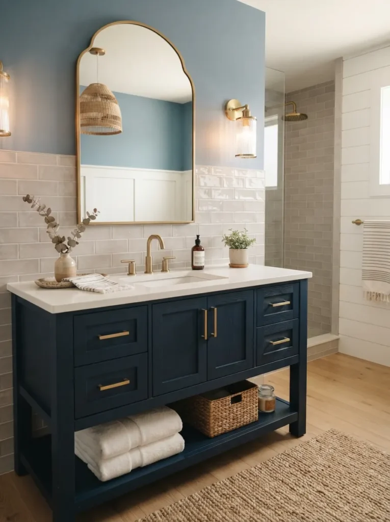 ![Gray subway tile paired with a navy blue vanity, subtle updated coastal look, warm bathroom lighting, vertical Pinterest photography, warm gray-navy-coastal styling.]