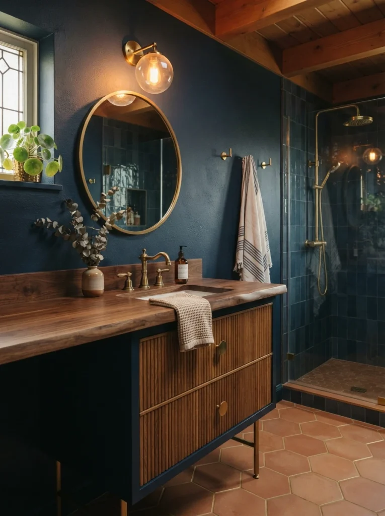Deep navy paired with warm wood and brass fixtures in a bathroom, balanced sophisticated warmth, warm bathroom lighting, vertical Pinterest photography, warm navy-wood-brass styling.