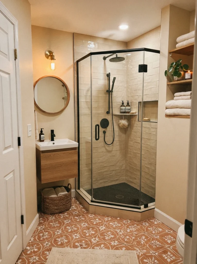 A neo-angle corner shower installed in a small bathroom, freeing up central floor space, warm bathroom lighting, vertical Pinterest photography, warm corner-shower styling.