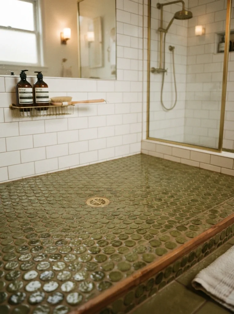 Olive penny tiles on a bathroom shower floor, vintage feel with practical grip, warm bathroom lighting, vertical Pinterest photography, warm penny-tile styling.