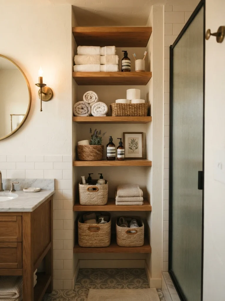 ![Open shelving installed along a narrow bathroom wall, holding towels and toiletries, warm bathroom lighting, vertical Pinterest photography, warm open-shelving styling.]