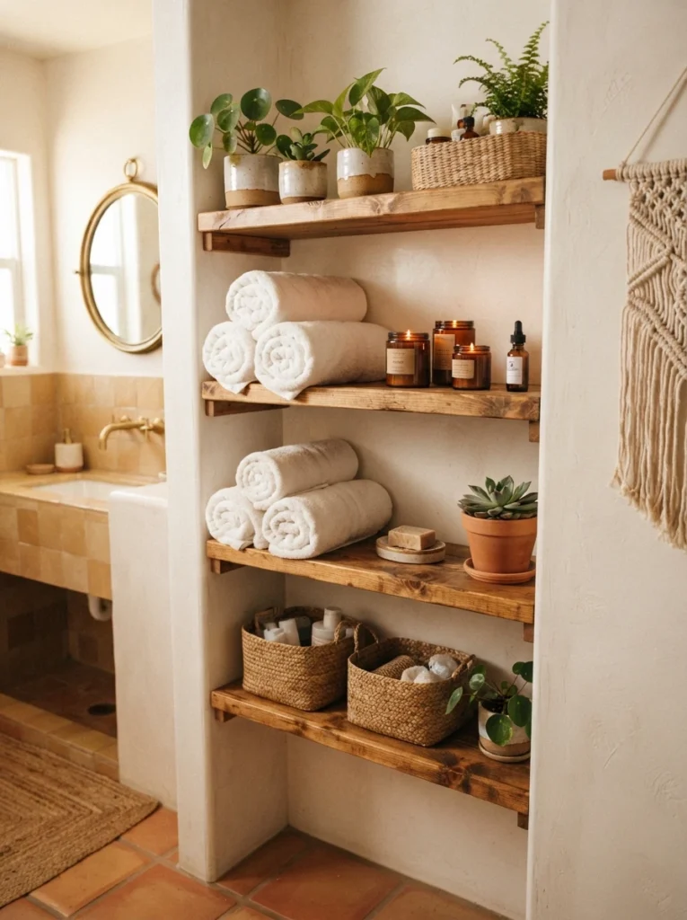 Open wood shelving in a boho bathroom, displaying rolled towels, candles, and small plants, warm bathroom lighting, vertical Pinterest photography, warm wood-shelf styling.