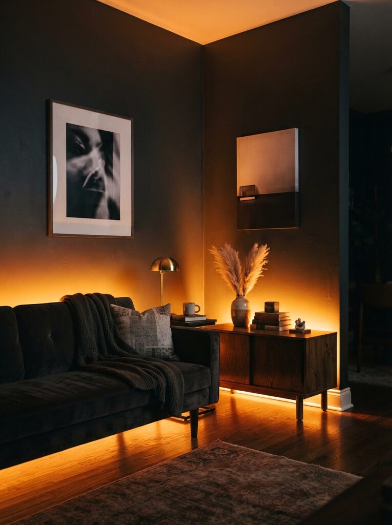 ![A dark charcoal-painted living room corner illuminated dramatically by warm, vibrant orange ambient LED uplighting hidden behind the furniture, cinematic moody atmosphere, vertical Pinterest photography, architectural lighting styling.]